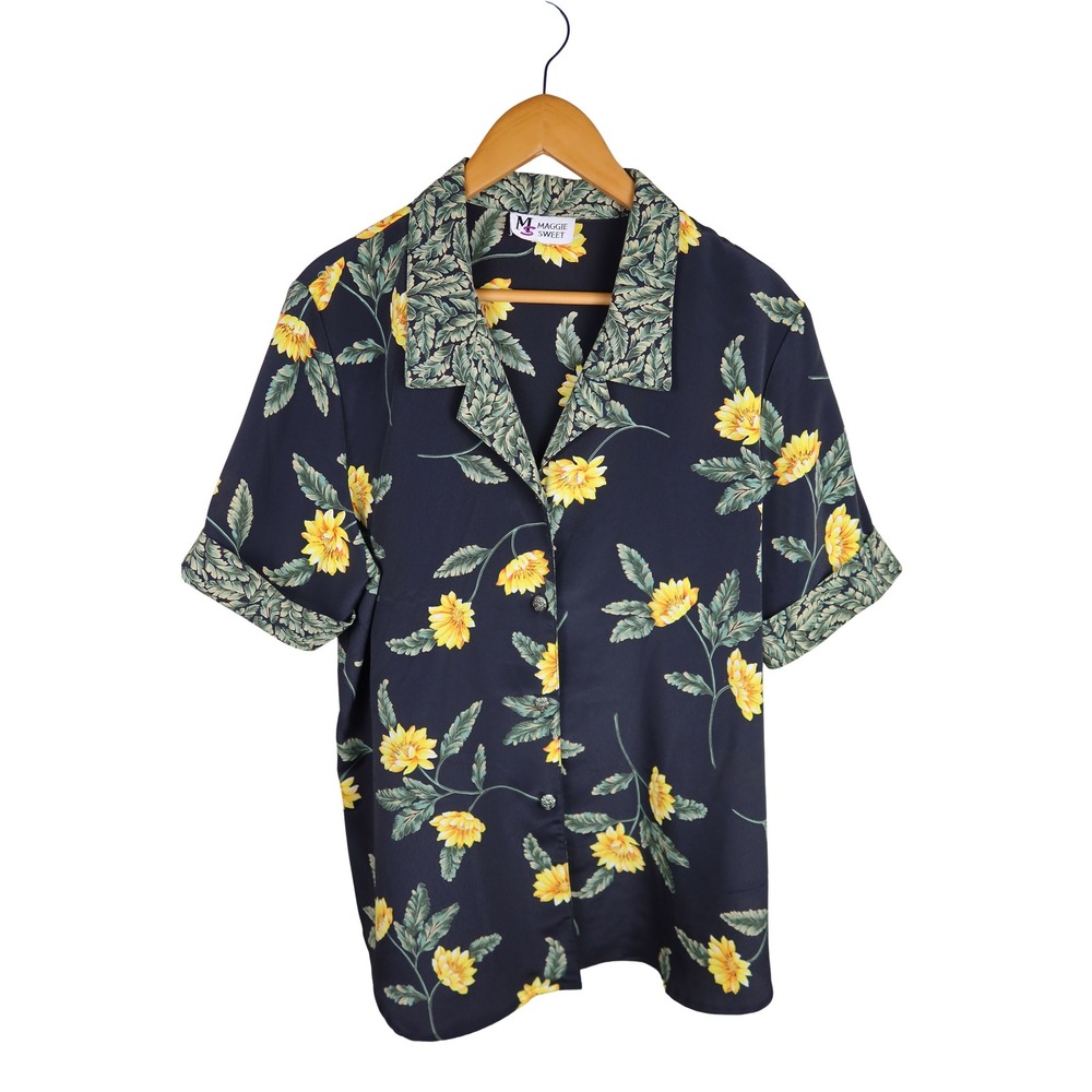 Maggie Sweet Sunflower Floral Button Down Shirt Navy Blue Short Sleeve Large